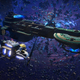 A small starship flies toward a massive freighter against a backdrop of asteroids and space phenomena.